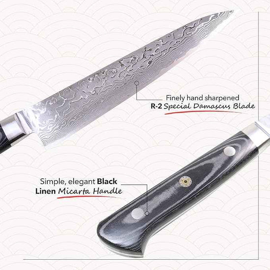 Kagayaki Japanese Chef’s Knife, KGR-1 Professional Petty Knife, Traditional Hammer Forged R-2 Damascus Steel with Ergonomic Linen Micarta Handle, 5.9 inch