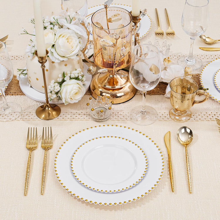 100pcs White Plastic Plates with Gold Beads for Bridal Showers (100 Count)