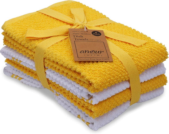 AMOUR INFINI Kitchen Towels Pack of 4 - Absorbent, Quick Drying Premium Cotton Tea Towel - Kitchen Linens 16x28 Inch Dish Towels with Hanging Loop (Yellow) - Nestoria