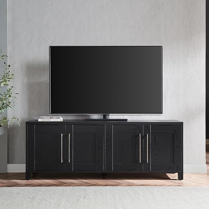 Henn&Hart TV Stand for TVs up to 75" with 2 Concealed Storage Cabinets with an Adjustable Shelf for Living Room, Family Room, or Office, Natural Black