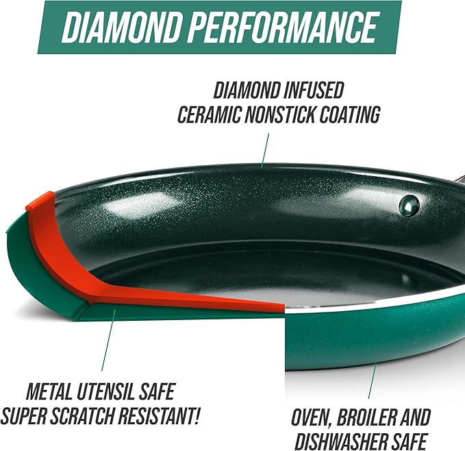 Blue Diamond 20 Piece Cookware and Bakeware Set, Diamond Infused PFAS-Free Ceramic Nonstick Pots and Pans, Durable Nontoxic Metal Utensil Safe & Scratch Resistant, Dishwasher & Oven Safe, Green