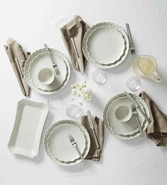 Lenox Stoneware Dinnerware Sets, French Perle Scallop 12-Piece Dinnerware Set for 4, Service For 4, Dishwasher Safe Dishware, White Dishes Set, Stoneware Dinner Plates and Bowls Sets (White, 12 Piece)