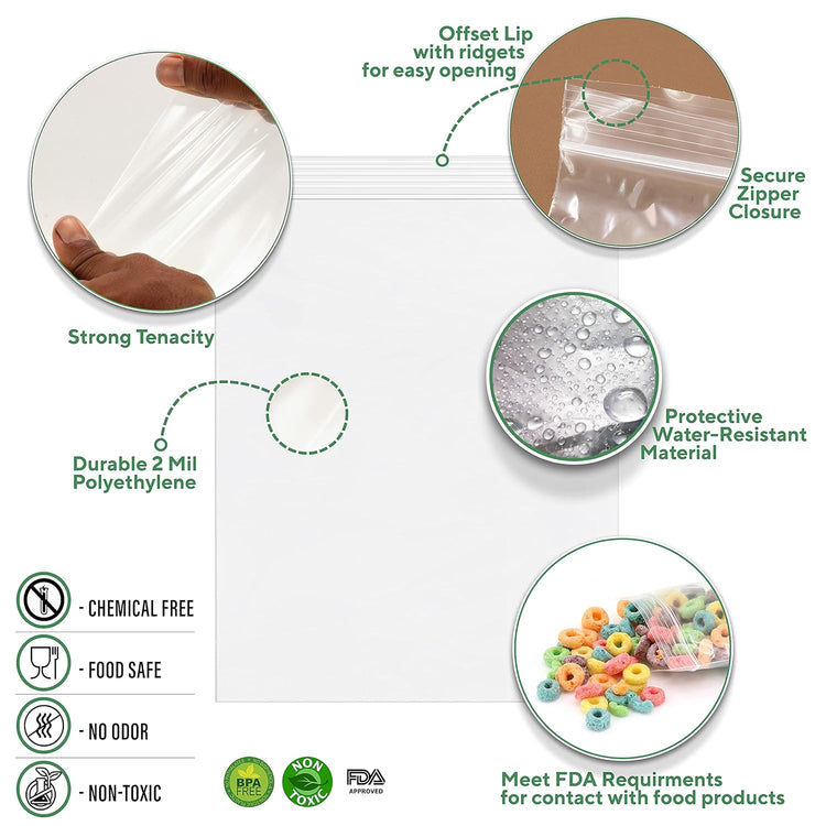 GPI Pack of 500, 12" X 15" Clear Plastic Reclosable Zip Bags - Bulk 2 Mil Thick Strong & Durable Poly Baggies with Resealable Zip Top Lock for Travel, Storage, Packaging & Shipping