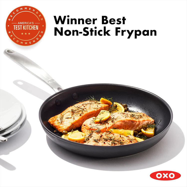 OXO Enhanced 10" Frying Pan Skillet, PFAS-Free Ceramic Nonstick, Durable Hard Anodized Cookware, Scratch Resistant, Stainless Steel Handle, Good Grips, Dishwasher Safe, Oven safe, Black