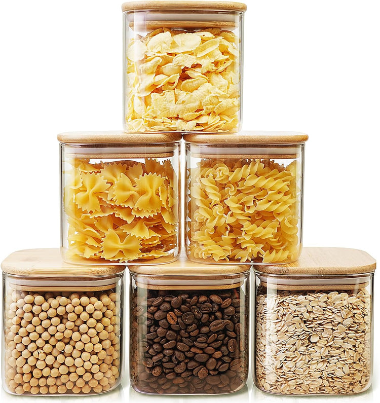 Square Glass Jars with Bamboo Lids 27 FL OZ [Set of 6], Glass Canisters with Airtight Lids, Glass Food Storage Containers for Coffee, Sugar, Tea, Candies, Cookies,Best for Kitchen & Pantry