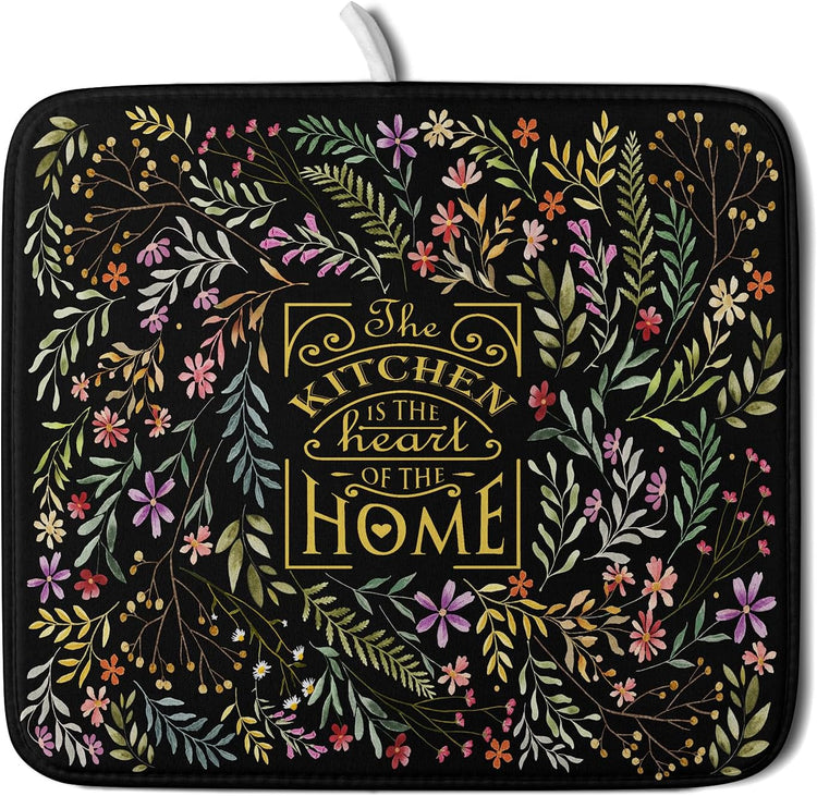 Absorbent Dish Drying Mat Colorful Flowers Microfiber Pad for Kitchen Counter Coffee Bar Decor 16" X 18"