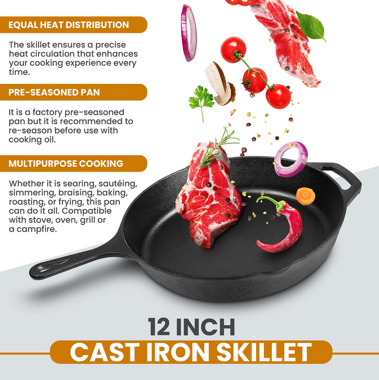 Cast Iron Skillet 12 Inch with Lid Chefs Frying Pan Black