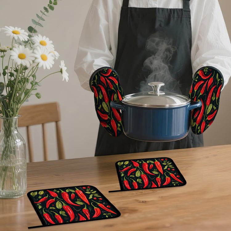 Red Pepper Oven Mitts and Pot Holders Set (4 Count)