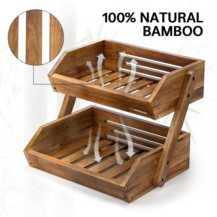 2 Tier Acacia Wood Fruit Basket for Kitchen