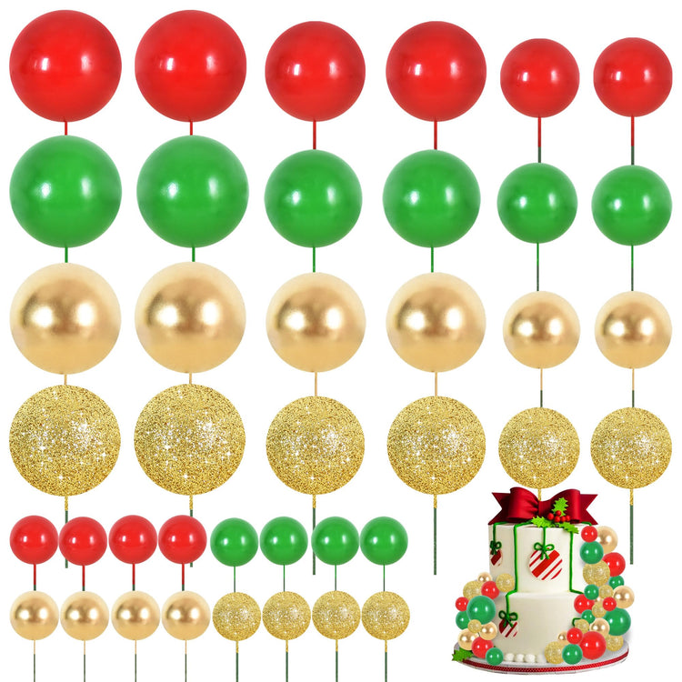 40 Pcs Ball Cake Toppers Mini Balls Cake Decorations Red Green Gold Silver Sticks Foam Balls DIY Cake Topper Insert Balls Cake Decorations for Baking Christmas Party Decorations (40 Count)