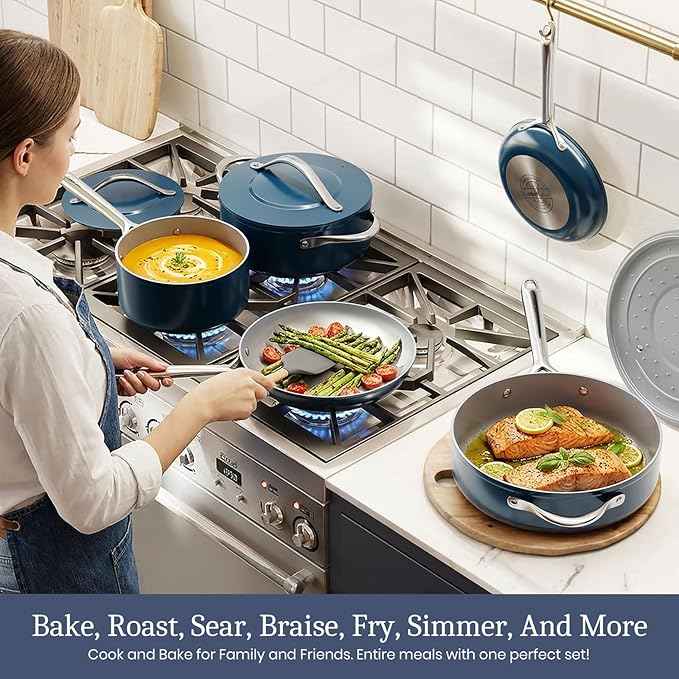 Ceramic Cookware Set 8 Pieces Nonstick Pots and Pans Set with Lid PFAS-Free Non Toxic Cookware, Induction Compatible, Oven Safe, Quick & Even Heat Distribution, Navy Blue