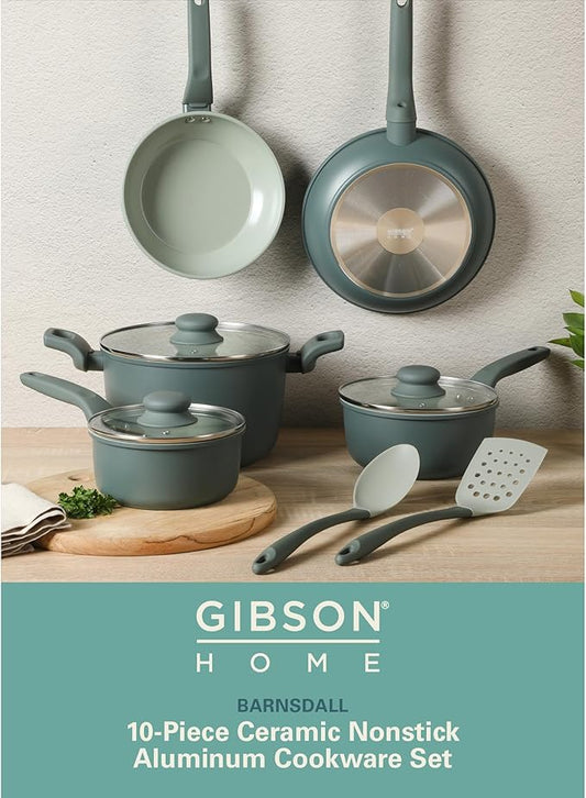 Gibson Home Barnsdall 10 Piece Premium PFA Free Ceramic Nonstick Pots and Pans Aluminum Induction Cookware Set W/Kitchen Tools - Sage Green/Grey Non Stick