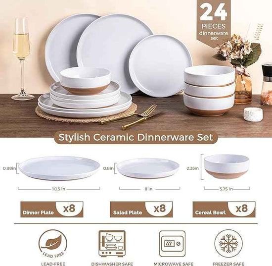 AmorArc Ceramic Dinnerware Sets for 8, 24 Pieces Handpainted Plates and Bowls Set with Rustic Terracotta Underside, Scratch Resistant Stoneware Dishes Set, Dishwasher & Microwave Safe, White