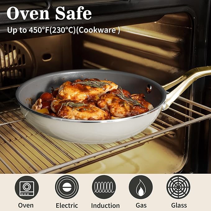 10-Piece Ceramic Nonstick Cookware Set with Lids - PFAS/PTFE/PFOA-Free, Interior & Exterior Ceramic Coating -Easy to Clean- Kitchen Storage-All Stovetop Compatible & Oven-Safe up to 480°F