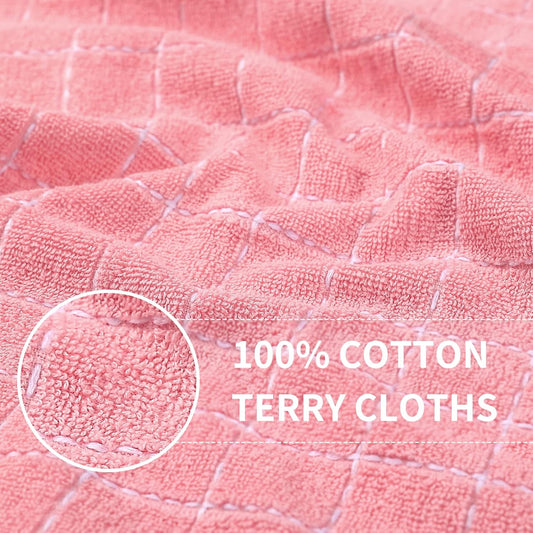 Homaxy 100% Cotton Terry Kitchen Towels(Pink, 13 x 28 inches), Checkered Designed, Soft and Super Absorbent Dish Towels, 4 Pack