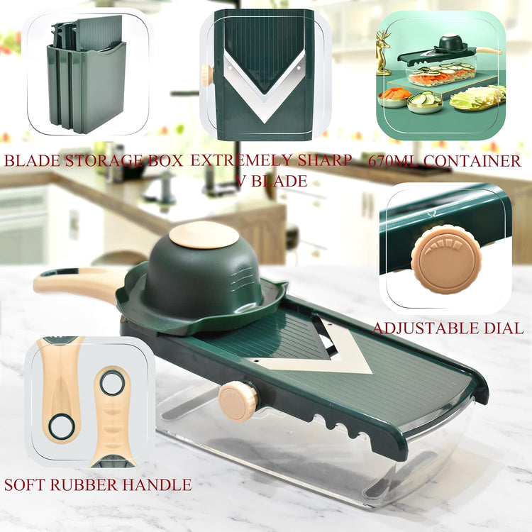Adjustable Mandoline Slicer for Kitchen - Ultra Sharp V-Blade with Container, Julienning Slicer for Potatoes, Apples, Onions, Tomatoes