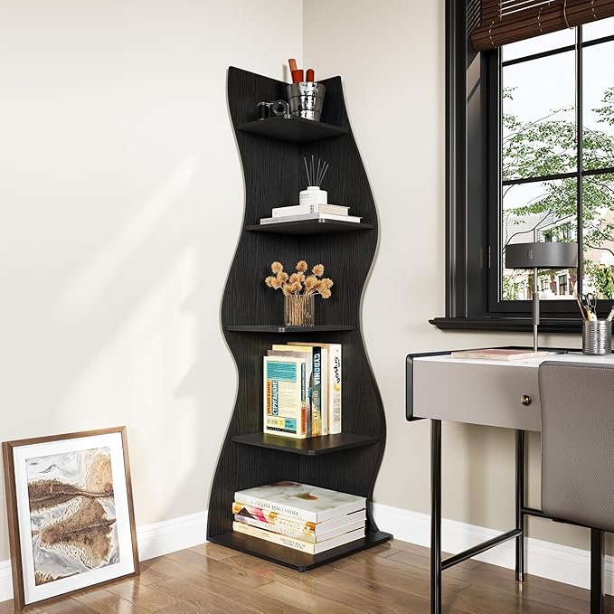 LITTLE TREE Small Corner Shelf, Modern 5-Tier Wall Corner Bookshelf, Stylish Bookcase Storage Rack for Small Space, Living Room, Bedroom, Black, 2 Pack