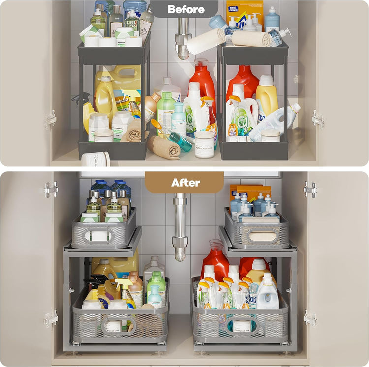 2 Pack 21IN-Depth Under Sink Organizer With Next-Gen Ball-Bearing Slides,2-Tier Precision Mesh Pull Out Cabinet Storage for Bathroom&Kitchen,Height Adjustable Drawers Shelf,Anti-rust-Grey