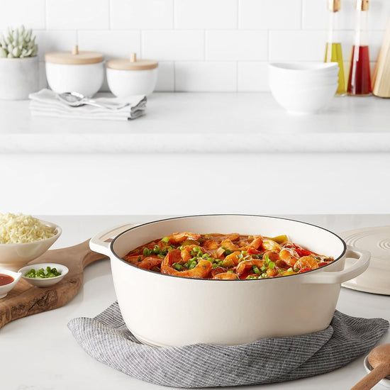 Amazon Basics Cast Iron Dutch Oven Pot with Lid, Enameled, Round, Dual Handles, Heavy-Duty, Large, 7.3-Quart, White - Nestoria