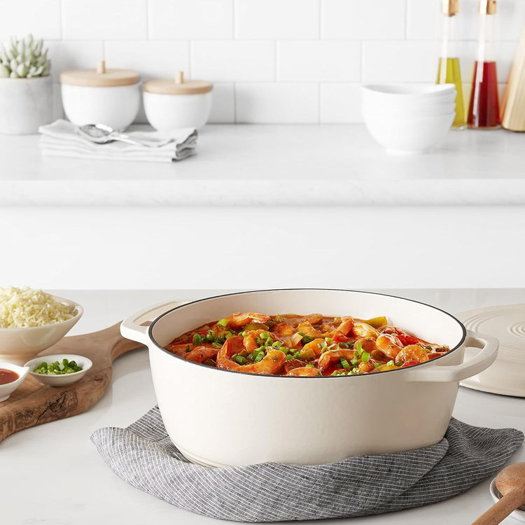 Amazon Basics Cast Iron Dutch Oven Pot with Lid, Enameled, Round, Dual Handles, Heavy-Duty, Large, 7.3-Quart, White - Nestoria