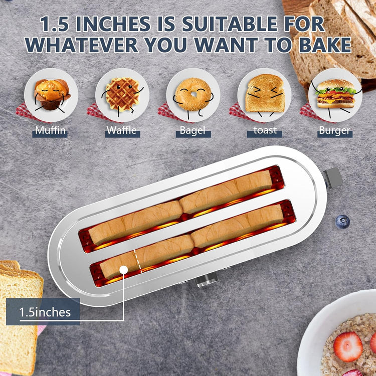 4-Slice long Slot Toaster, 7 Browning Settings, Defrost/Reheat Functions, Removable Crumb Tray, Full body Stainless Steel Housing, 1350W, Anti-Fingerprint & Anti-Jam (2, Sliver)