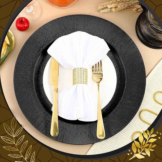Tanlade 100 Pcs Charger Plates Bulk, 13 Inch Plastic Round Charger Dinner Plates Elegant Wedding Serving Plate for Event Tabletop Wedding Party Bridal Baby Shower Decor (Black)