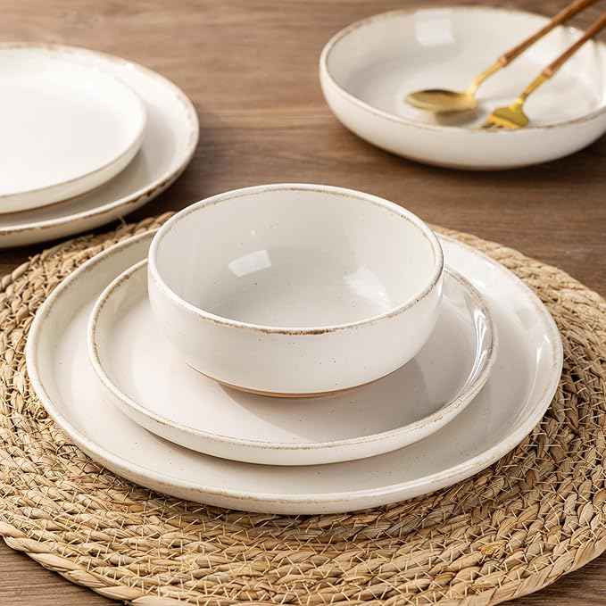 AmorArc Dinnerware Sets with Pasta Bowls for 4, Handpainted Stoneware Plates and Bowls Set with Rustic Terracotta Underside, Scratch Resistant Dishes Set, Dishwasher & Microwave Safe, 16 Pcs