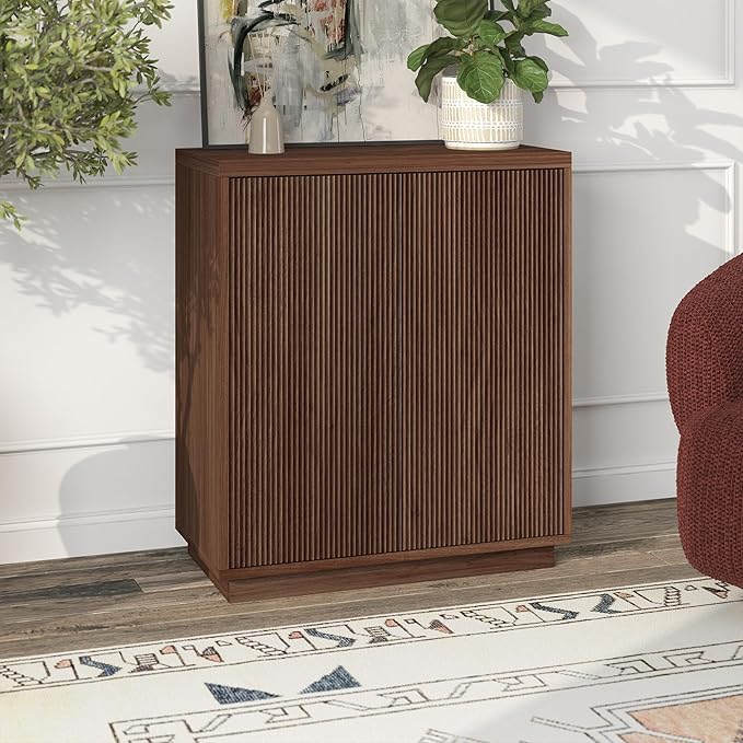 Henn&Hart 28" Fluted Wooden Accent Cabinet, Ribbed Modern Sideboard Buffet Cabinet with 2 Doors and an Adjustable Shelf for Living Room, Dining Room, Bedroom or Entryway, Medium Walnut