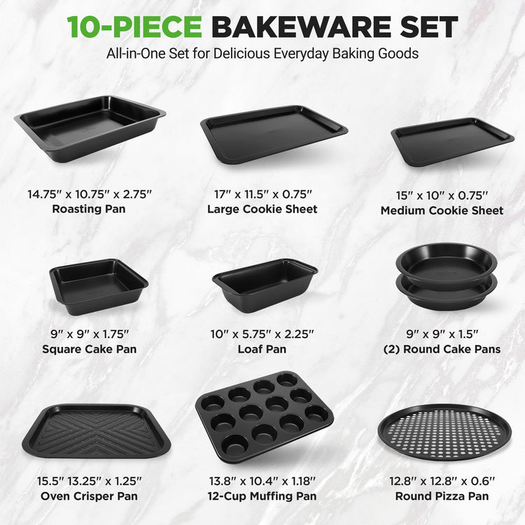 10-Piece Non-Stick Baking Set – Heavy-Duty Carbon Steel Bakeware Set w/ Cookie Sheets, Muffin Pan, Roasting Pan, Cake Pan, Baking Tray, Pizza Pan – Effortless Food Release & Easy Cleanup