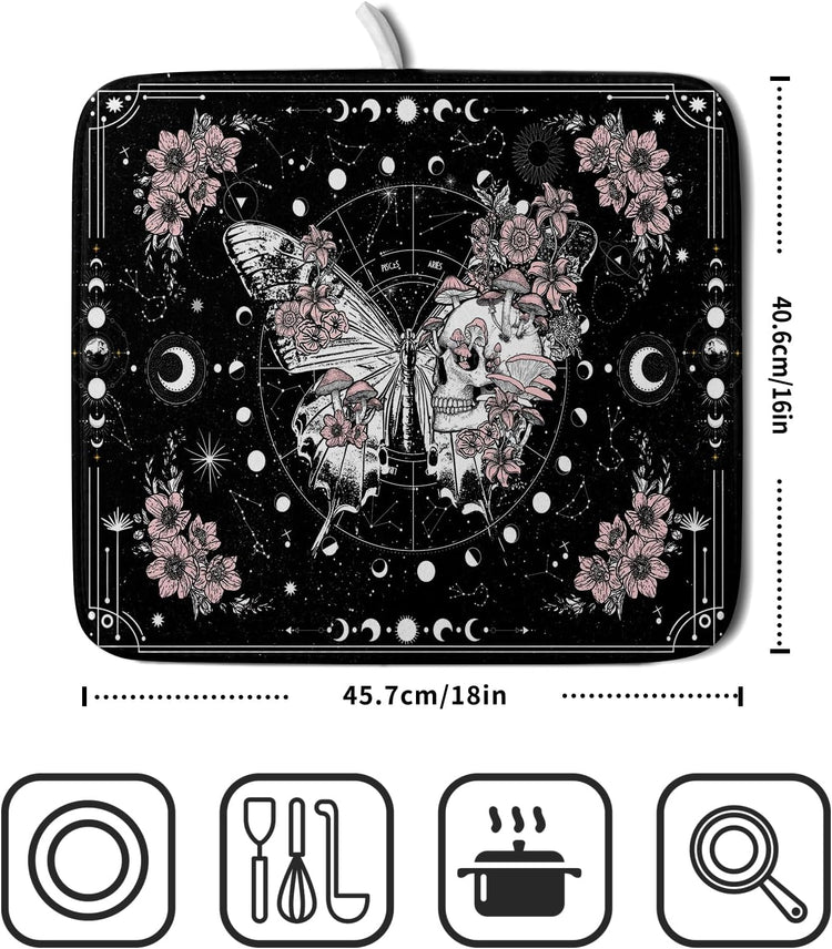 Skeleton Butterfly Dish Drying Mat Black Skull Absorbent Dish Drainer for Kitchen Counter Holiday Decor