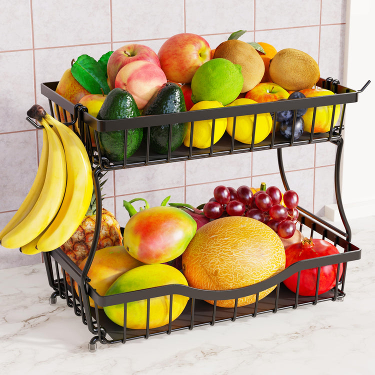 Large 2 Tier Fruit Basket for Kitchen Counter with 2 Banana Hangers