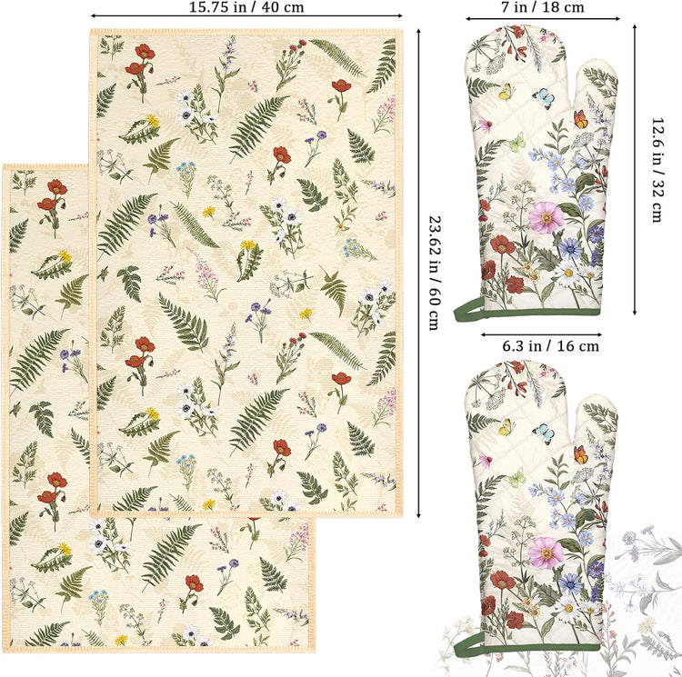 Rustic Flower Kitchen Towels and Oven Mitts Set 4Pcs, Soft Absorbent Dish Cloth Heat Resistant Oven Gloves for Cooking Baking Kitchen Decoration, Gifts for Her