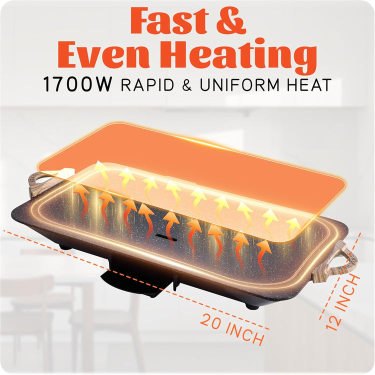 12x20inch Electric Griddle by BBQ Masters, 1700W Fast Even Heating, ILAG Granite Nonstick, Sloped Cooking Surface, Frameless Design for Easy Cleaning, Great for Family Gatherings, Grey
