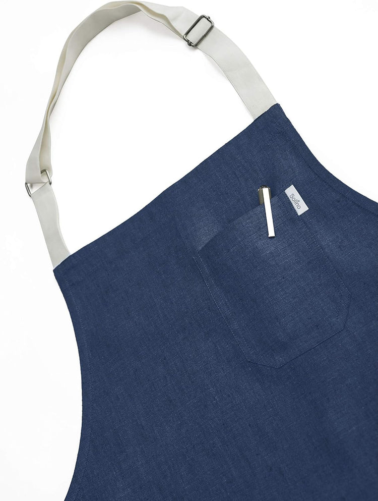 Solino Home Linen Kitchen Apron for Men & Women - 100% Pure Linen Indigo/Ivory Bib Apron with Front Pockets - Handcrafted from European Flax