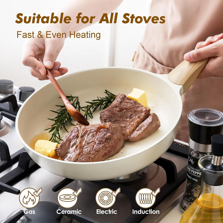 SENSARTE Ceramic Nonstick Frying Pan Skillet 9.5Inch Non Stick Omelette Pans, Non-toxic Healthy Kitchen Cooking Chef's Pan, Free of Intentionally Added PFOA/PFAS/PTFE, Induction Compatible, White