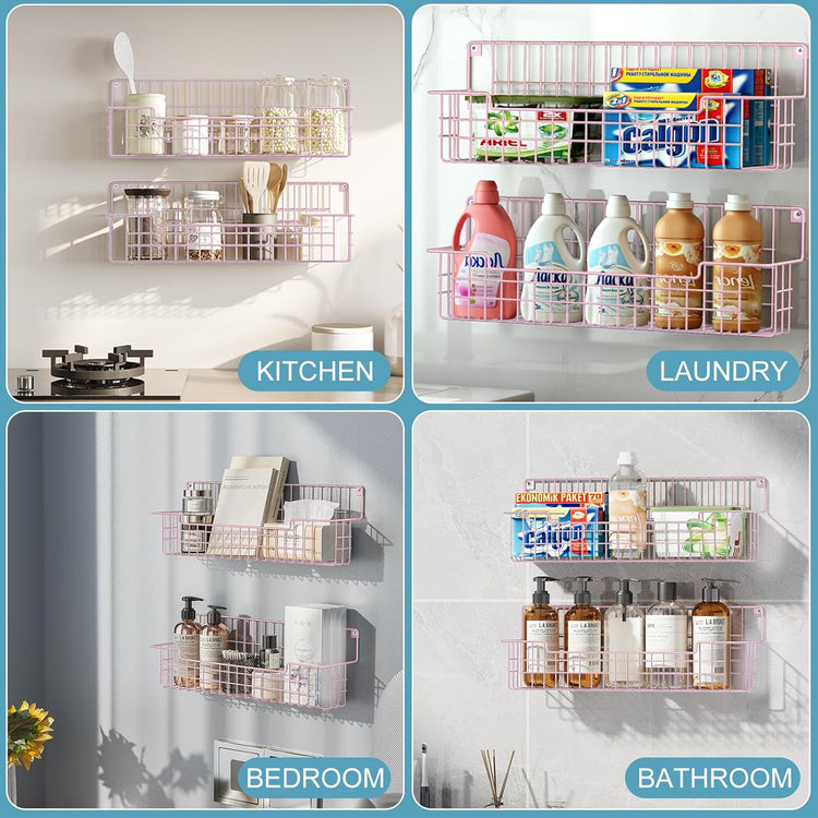 Spice Rack, 4-Pack Seasoning Organizer Wall Mounted for Kitchen Storage Organization, Metal Spice Holder Shelf for Cabinet, Pantry, Pink