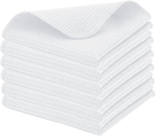 PurpleEssences Dish Cloths and Dish Rags - 6 Pack Waffle Weave Solid Kitchen Dish Wash Cloths, 100% Cotton, 12 x 12 Inches, Ultra Soft Absorbent Quick Drying - Spring Summer - White - Nestoria