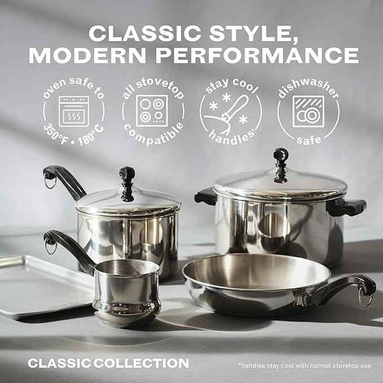Farberware Classic Series Stainless Steel Pots and Pans with Baking Sheet Pan, Cooking Tools, and Lids, Induction Ready, Dishwasher Safe, 10 Piece Cookware Set, Metal Utensil Safe - Stainless Steel