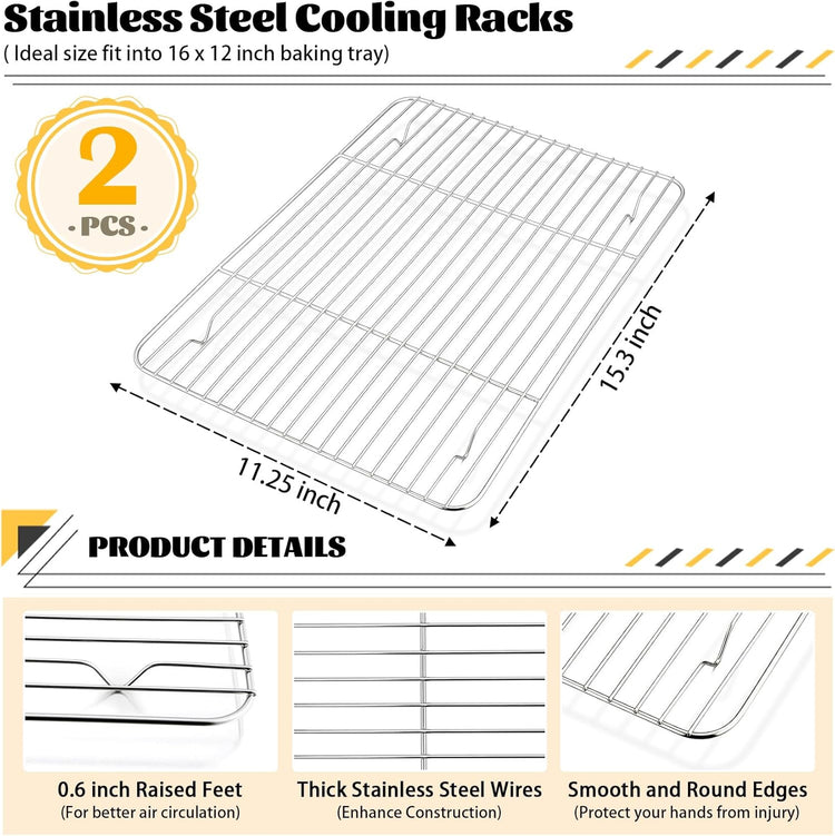 P&P CHEF Cooling Baking Rack Pack of 2, Stainless Steel Cooling Racks for Cooking Baking Roasting Grilling Drying, Dense Wires & Smooth Edge, Easy to clean, Silver, 15.3" x 11.25"