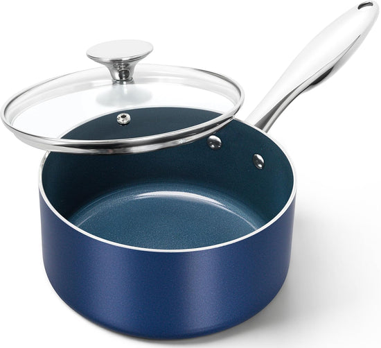 MICHELANGELO 2 Quart Saucepan with Lid, Nonstick Ceramic Sauce Pan with Stainless Steel Handle, 2 Qt Saucepan with Lid Induction Compatible, Oven Safe, Blue - Nestoria
