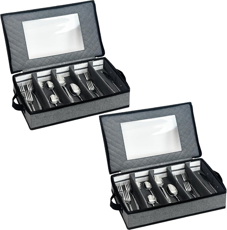 VERONLY 2 Pack Flatware Utensil Storage - Sturdy Silverware Storage Box with Dividers, 5 Compartment Flatware Storage Case with Handles and Removable Lid for Moving&Protected(Dark Gray)