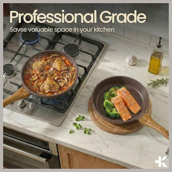 Bakken Master 20 Piece Cookware Set - Pots and Pans with Handle Grips and Tempered Glass Lids, With 6-piece Bakeware Set, Nonstick Granite Coating, Ceramic Max Temperature (Up To 500°F), Brown Marble