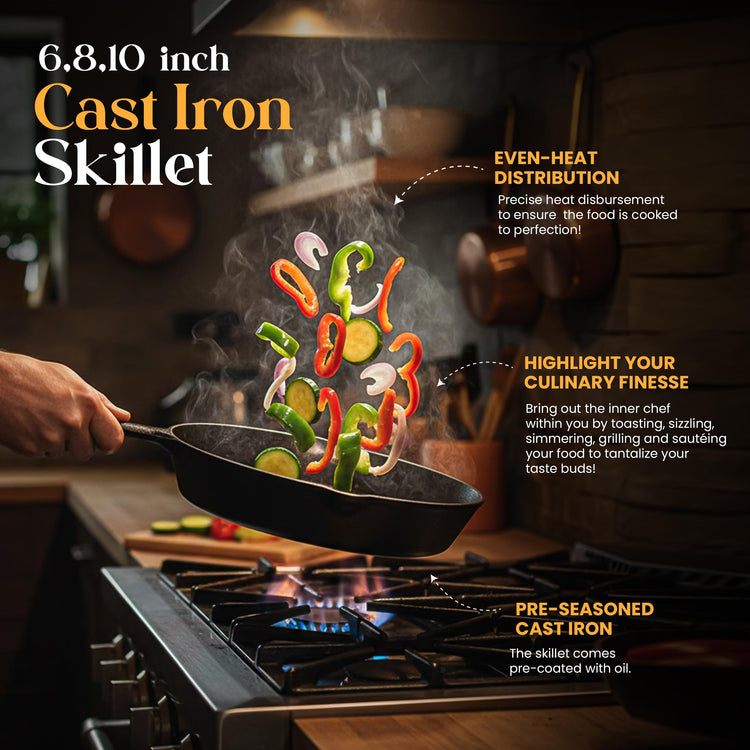 Cast Iron Skillet Set 3 Piece 6 8 10 Inch PFAS (3 Count)