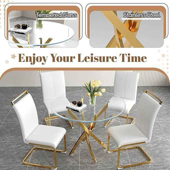 AF ARTISAN FURNITURE 36" Round Glass Dining Table for 4, Stainless Steel Legs & Tempered Glass Top, Modern Circle Leisure Table for Home Office Kitchen Dining Room Small Spaces (Gold Leg)