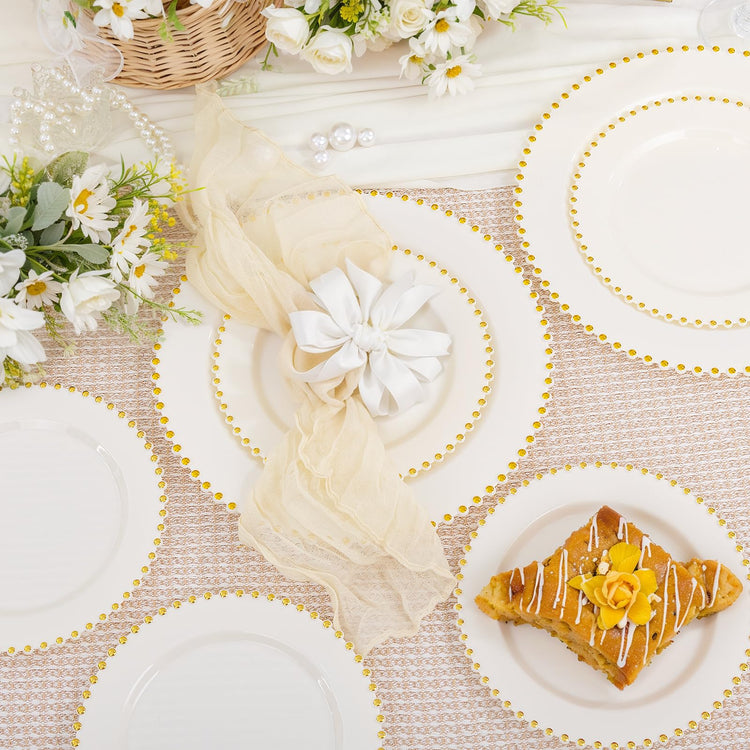 100pcs Ivory Plastic Plates with Gold Beads for Wedding & Party (100 Count)