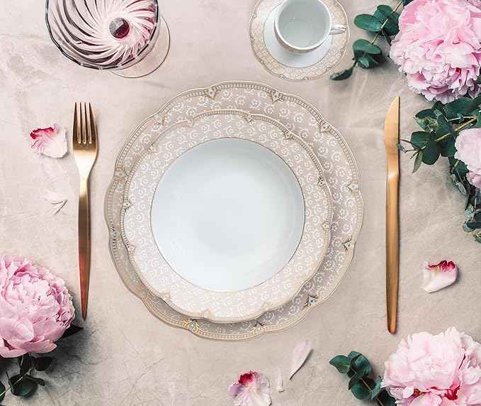 Dinnerware Set for 8-49 Piece Vintage Porcelain Dining Set - Gorgeous White and Pink Floral Design - Plates, Bowls, Cups and Saucers - For Everyday Dishes and Formal Occasions (Sandra Pink 2049)