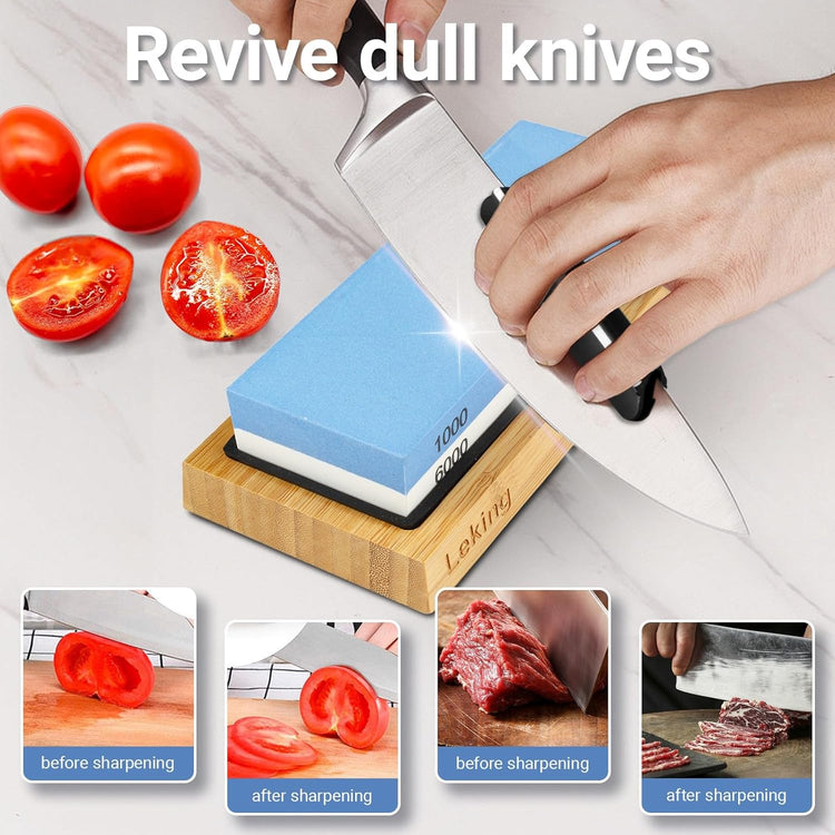 Leking Professional Knife Sharpener & Sharpening Stone Set: 1000/6000 Grit Dual-Sided Whetstone(7"x2.4"x1.2") with Bamboo Base, Non-Slip Silicone Holder, Angle Guide & Leather Strop Kit