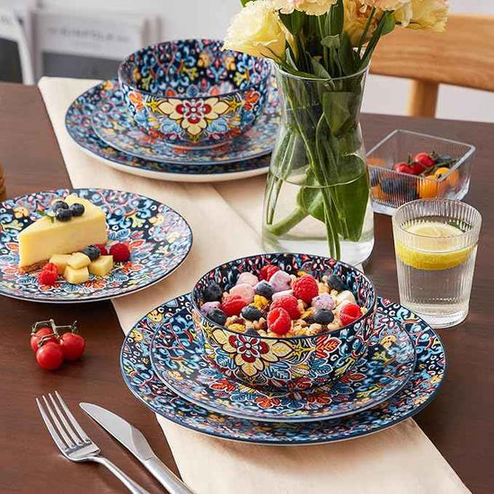 vancasso 12 Pieces Dinnerware Sets, Red Plates and Bowls Set, Porcelain Dishes Set for 4, Microwave and Dishwasher Safe, Scratch Resistant, Bohemian Style Dining Ware Service for 4, Series SIMI
