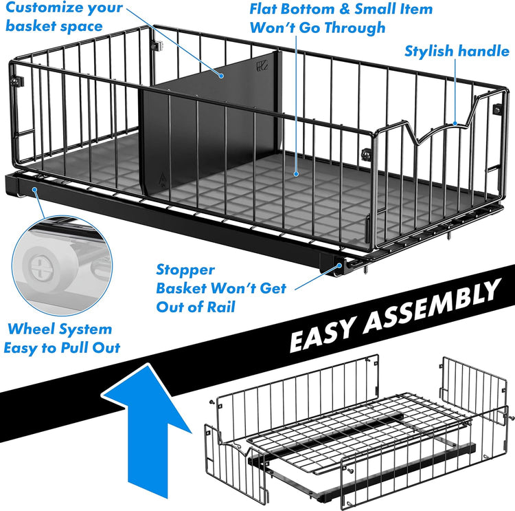 Simple Houseware Pull-Out Cabinet Sliding Basket Organizer, 17.2" D x 9.7" W x 5" H – Black, Ideal for Kitchen and Bathroom Cabinet Storage, Under Sink or Pantry Organization