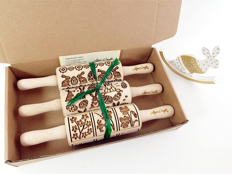 EASTER 3 Mini Embossed Rolling Pin Set. Wooden Laser Cut Embossing Rolling Pins for Embossed Cookies. Easter
